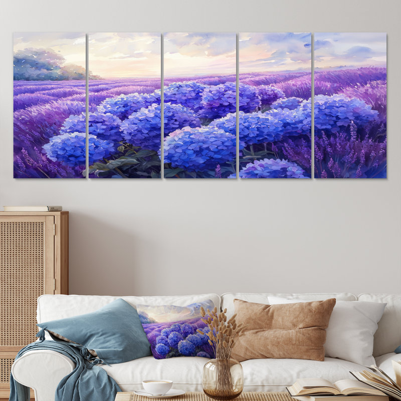Hortensias dans le champ de lavande III - art mural hortensia - décoration murale traditionnelle, H 32 po x l 80 po, 5