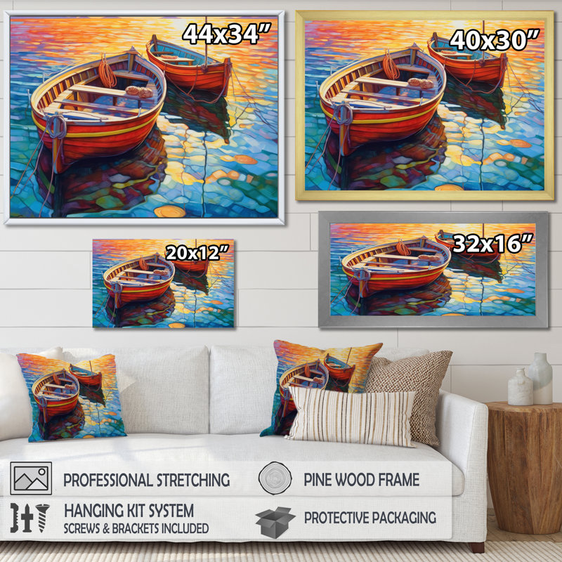 Deux bateaux dans le port I - art mural port côtier, Cadre noir, H 16 po x l 32 po x P 1 po