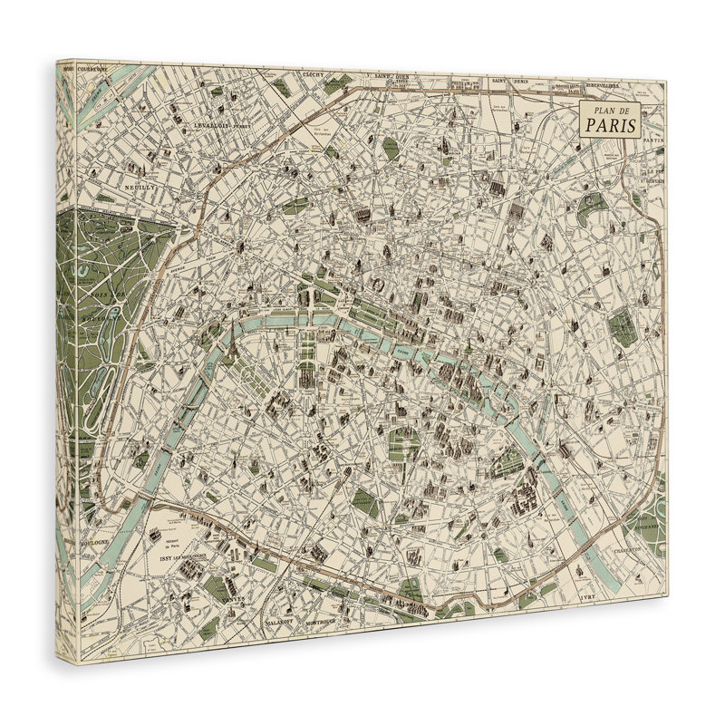 Carte rétro de la toile de Paris, design par Phillipa Katz, H 30 po x l 40 po