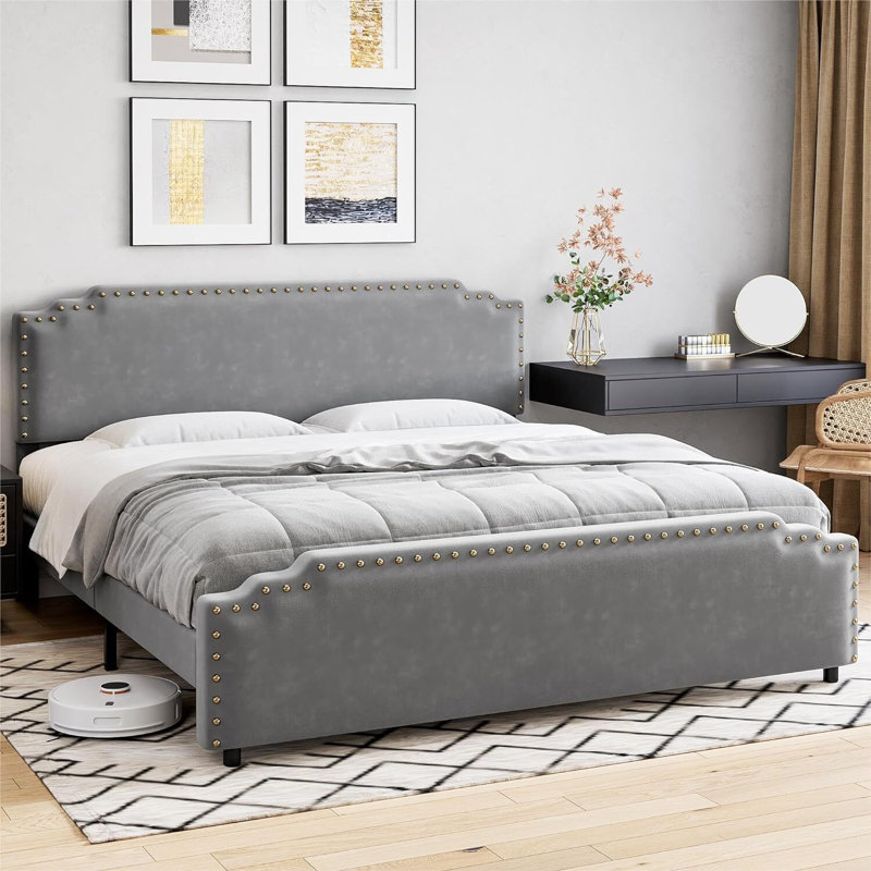 Jameown Solid Wood Slat Bed, Gray, King