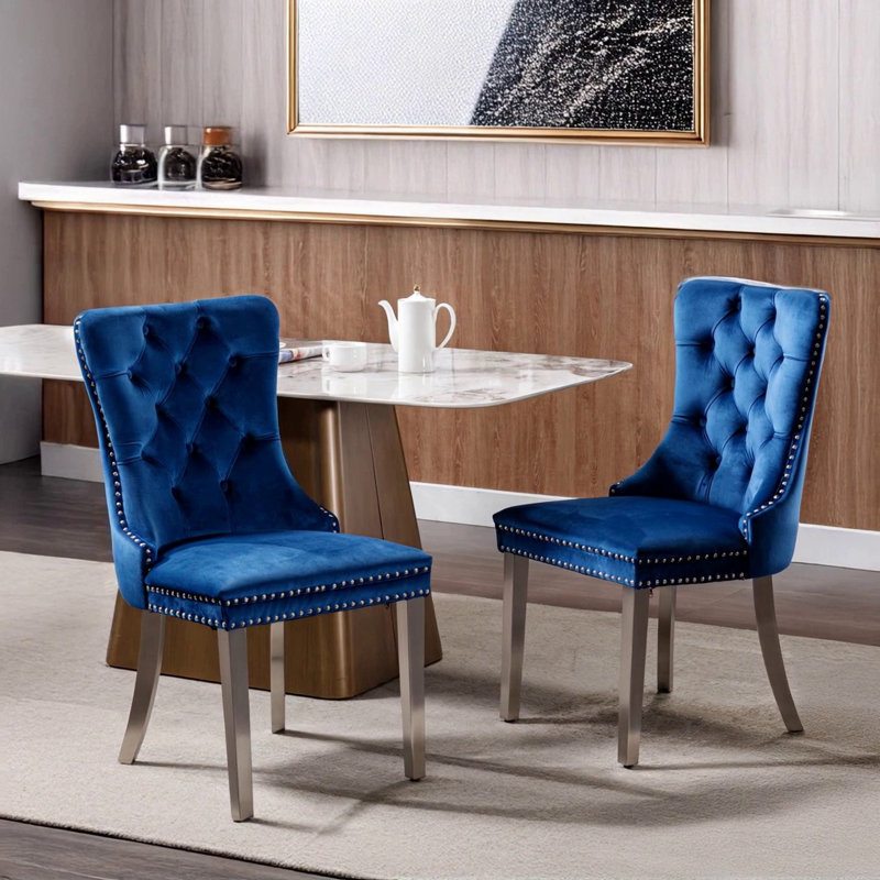 High-End Tufted Solid Wood Contemporary Velvet Upholstered Dining Chair With Chrome Stainless Steel Plating Legs, Blue Velvet