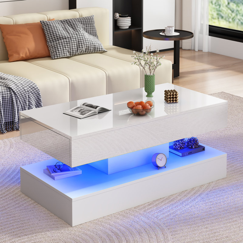 Table basse moderne à DEL ultrabrillante avec 2 tiroirs de rangement, 20 lumières à DEL de couleurs (APP / télécommande), table centrale à impression marbrée à 2 niveaux pour le salon