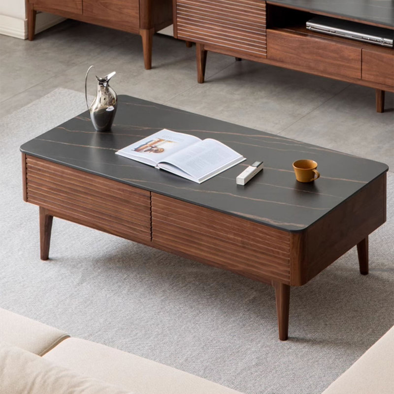 Square solid wood rock board storage coffee table, Black, 16.5" H x 47.2" L x 23.6" W