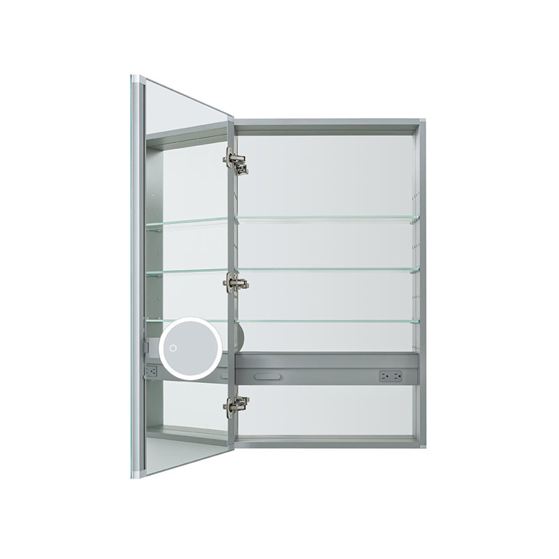 Charnière gauche AQUADOM Royale l 24 po x H 30 po x P 5 po, armoire à pharmacie avec prises électriques, désembueur, miroir grossissant 3X à DEL réglable