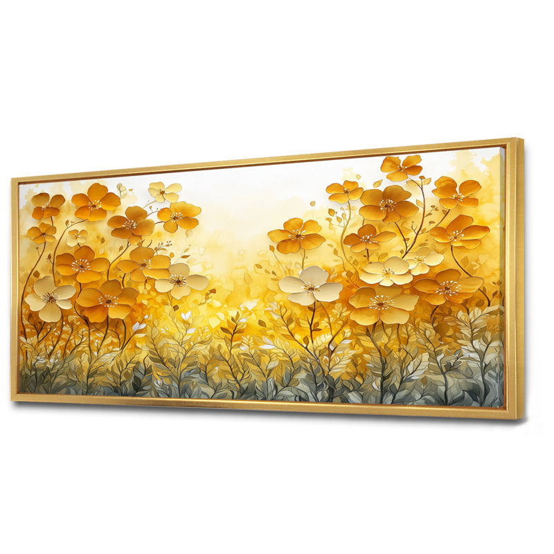 Été, lueur dorée d'Hibiscus I - art mural hibiscus, H 28 po x l 60 po, Impression encadrée flottante, Doré