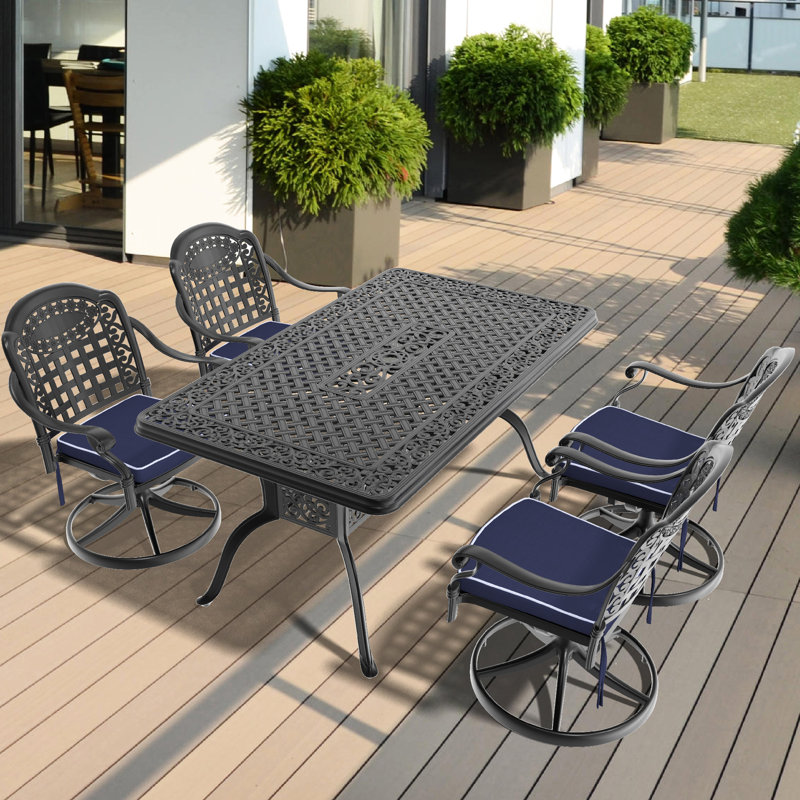5 chaises de salle à manger en fonte d'aluminium toutes saisons, 4 chaises pivotantes et table rectangulaire, noir, haute température, coussins de dossier extérieurs rotatifs absorbants