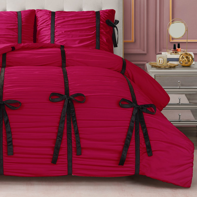 Juicy Couture Amelie Bows Ruched Comforter Sets, King Comforter + 2 King Shams, Hot Pink