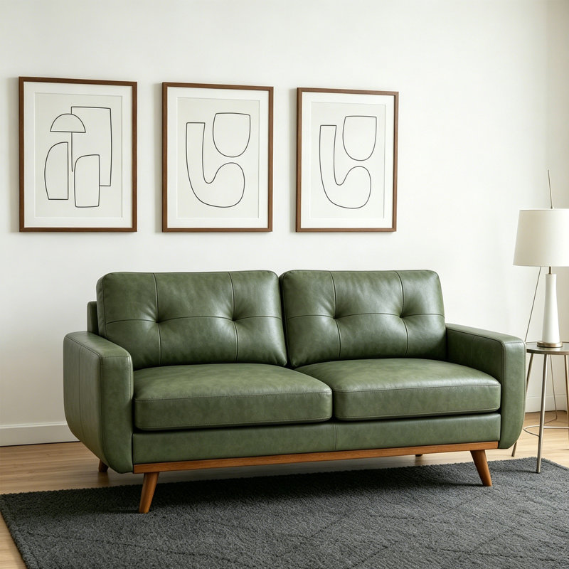 Canapé moderne minimaliste à 2 places de 165 cm, recouvert d'un tissu texturé métallisé, avec dossier matelassé en losanges, assise rembourrée en mousse et pieds en bois massif. Parfait pour le salon, l'appartement ou le bureau. Couleur : vert.