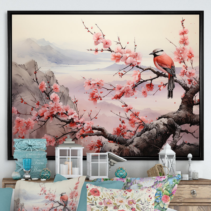 Oiseaux roses et bleus sur un arbre en fleurs de cerisier I - oiseau, art mural, Cadre flottant noir