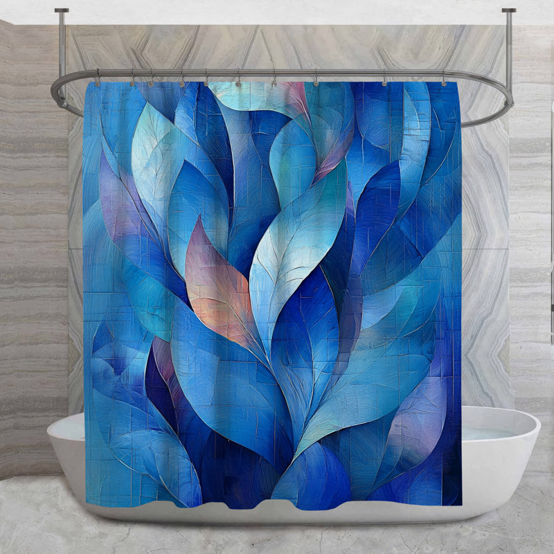 Rideau de douche à feuilles bleues - Décoration de salle de bain abstraite baroque, H 93 po x l 70 po