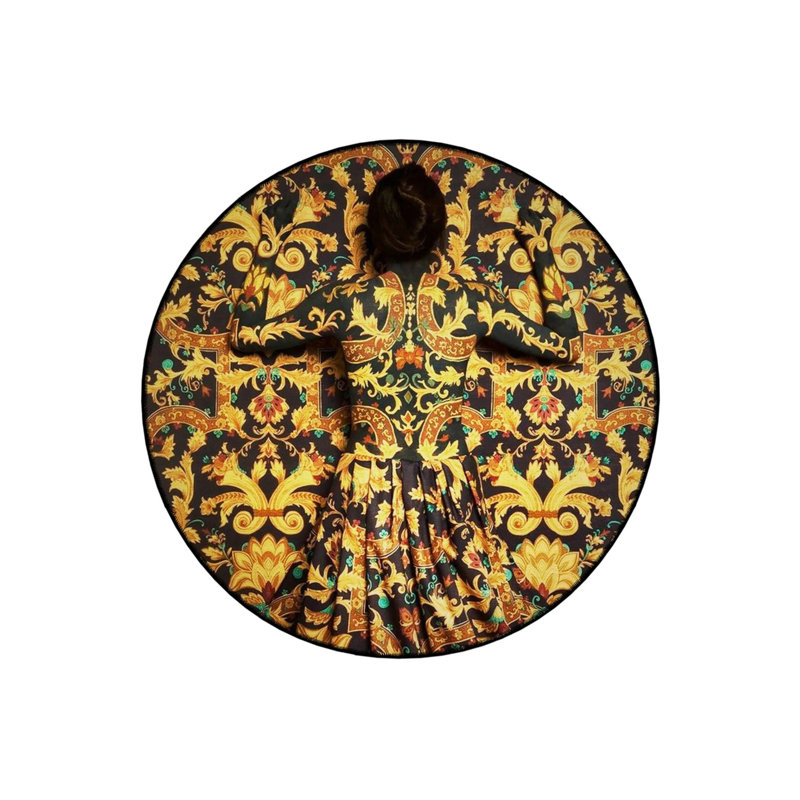 Yellow Black Themed Motif Abstract Woman Patterned Round Woven Base Vintage Decorative Carpet, Round 2'8"