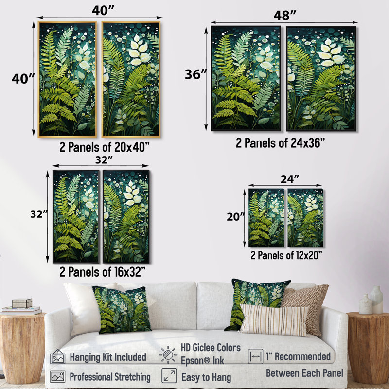 «Ferns Plant Ethereal Whispers II», ensemble de 2 impressions sur toile modernes vertes, 36" H x 48" W, Wrapped Canvas
