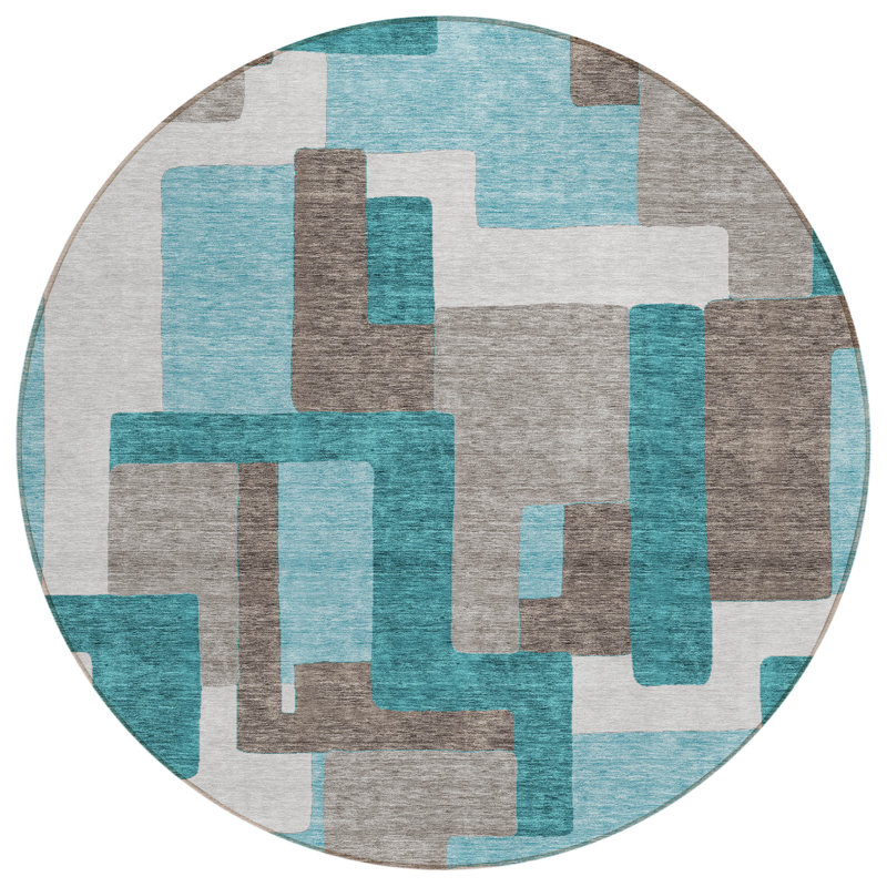 Tapis d'extérieur rond lavable abstrait bleu sarcelle 8 pi bleu turquoise et beige