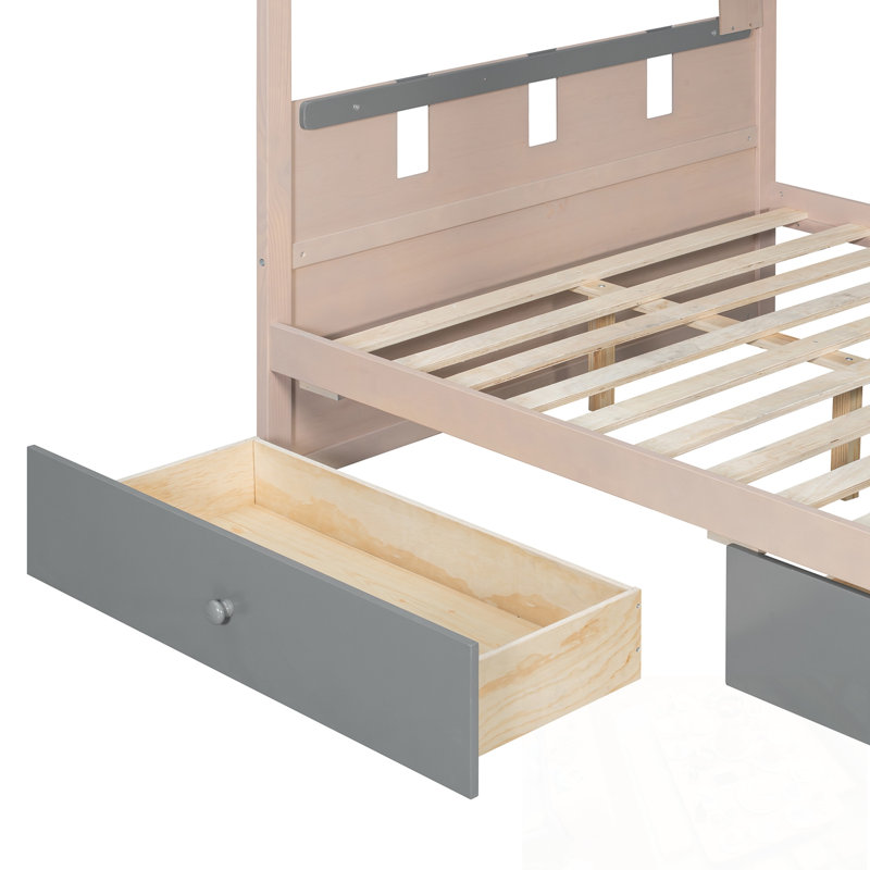 Lit superposé double pleine grandeur de style château avec 2 tiroirs, tablette et DEL, Gris