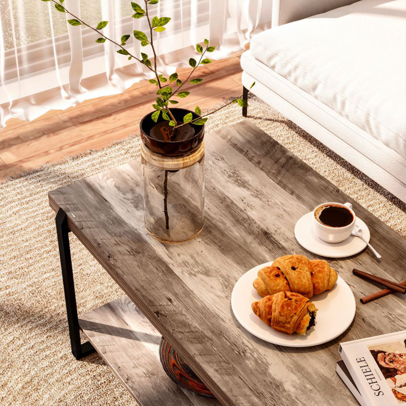 18" 2-Tier Coffee Table, Rectangular Rustic Wood Table with Storage Shelf for Living Room or Den