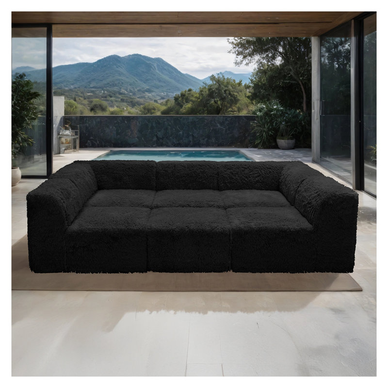Canapé d'angle modulaire 6 pièces pour salon, couleur noire, rembourrage en fausse fourrure et mousse haute densité compressée, fauteuils sans accoudoirs, pouf
