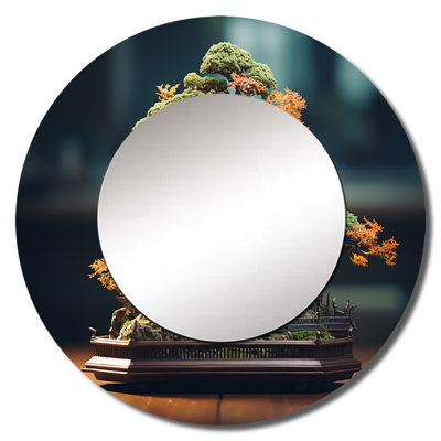 Asian Art Bonsais Wisdom VII - Asian Art Unique Wall Mirror Decor, Yellow Large Round Mirror, Printed Metal Art