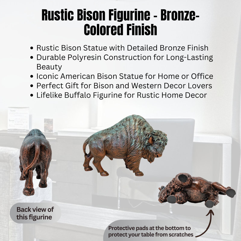 Resin Rustic Western Bison Statue Figurine Bronze-Colored Buffalo Sculpture for Home or Office Décor