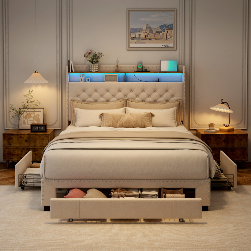 Upholstered Platform Bed Frame with 3 Drawers and RGB LED Lights, Bed with Storage Headboard and Charging Station, Queen