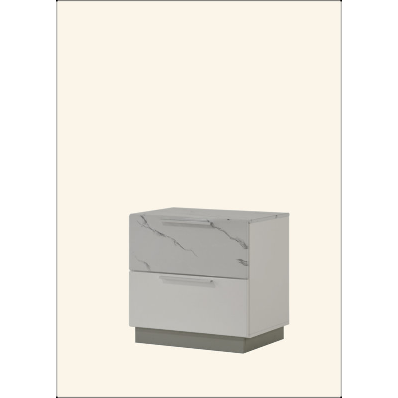 Table de chevet Mist - Finition bicolore très brillante en marbre et en laque avec deux tiroirs, intérieur doublé de velours et design élégant et compact