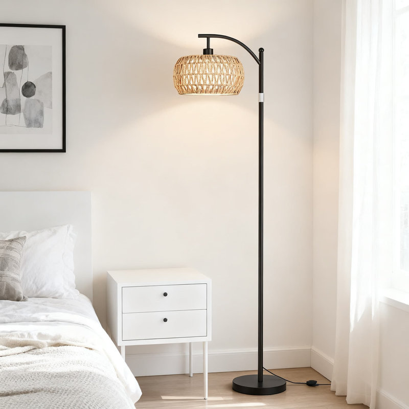 Boho Arc Floor Lamp With Dual Rattan & Linen Shades, 9W LED Bulb, Stepless Dimming & Color Temp Adjustable, Remote & Foot Switch Control, Height Adjustable Standing Lamp For Living Room, Bedroom, Office