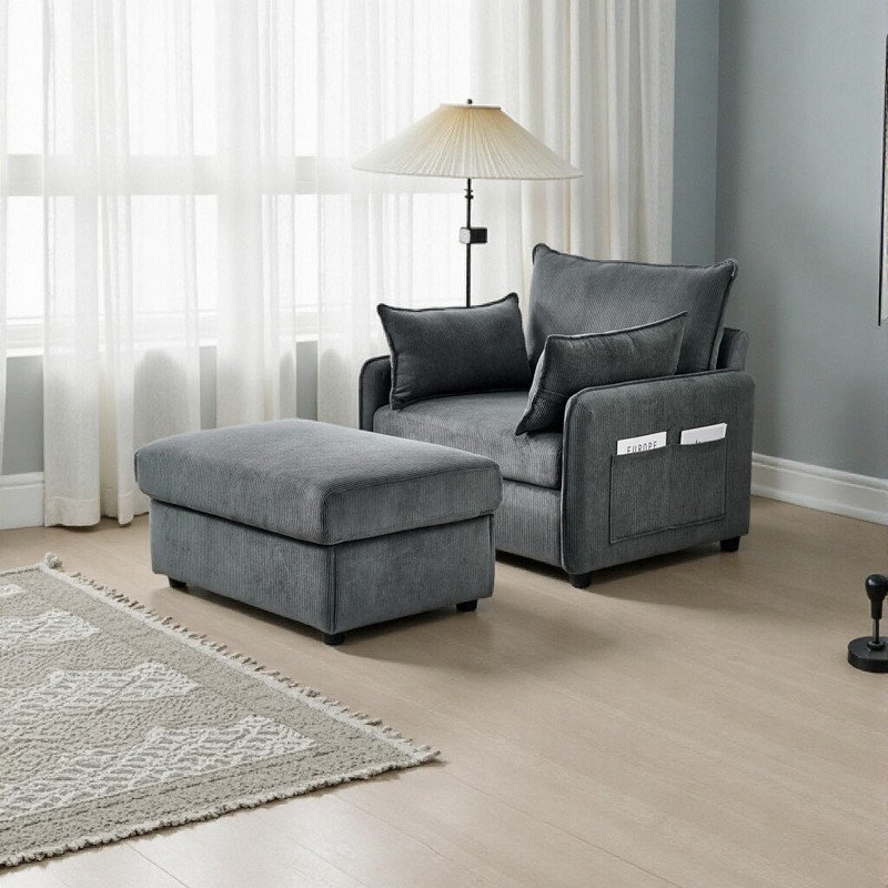 Chaise longue rembourrée 55 po avec repose-pieds Corduroy Upholstery, Gris