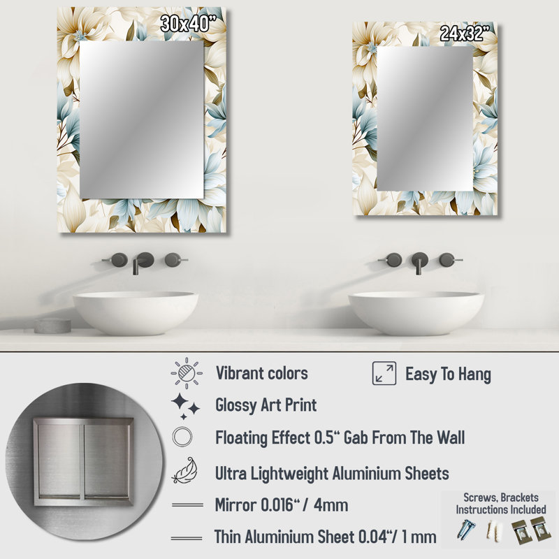 White Mandalas Chrysanthemum Boho Pattern - Floral Mirror Wall Decor, 32" x 24"