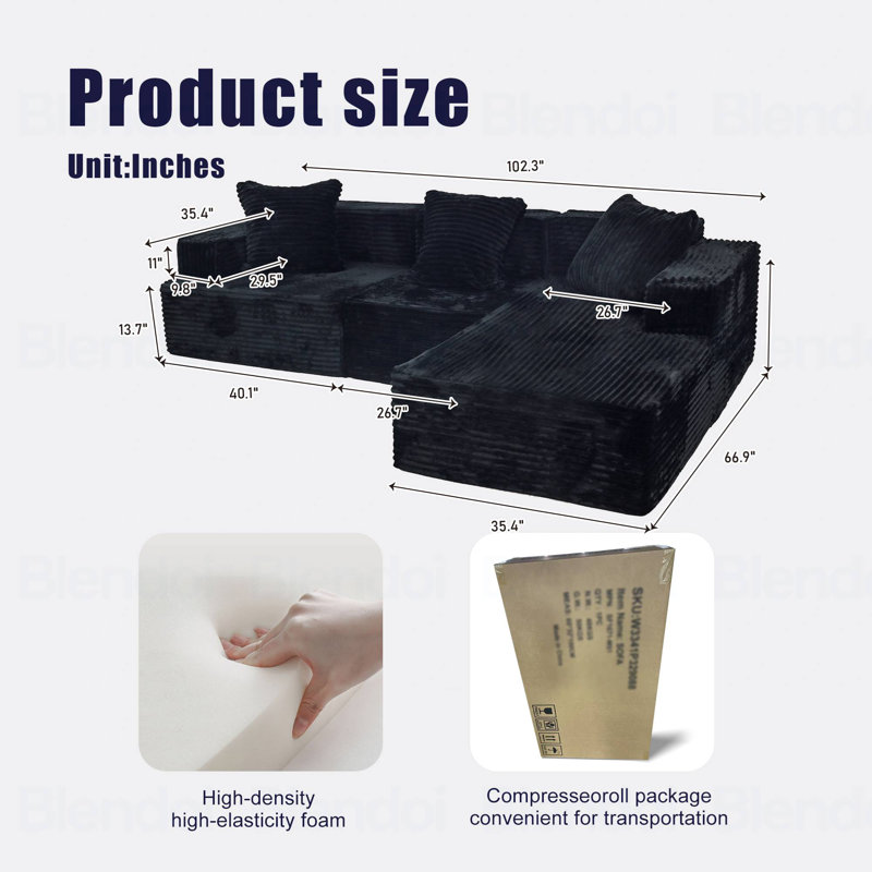 Canapé modulaire convertible, Orienté à droite, Tissu noir