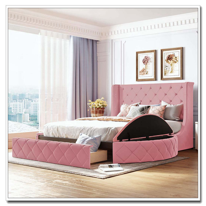 Grand lit plateforme avec rangement en velours avec tête de lit à oreilles et 1 grand tiroir, 2 tabourets de rangement latéraux