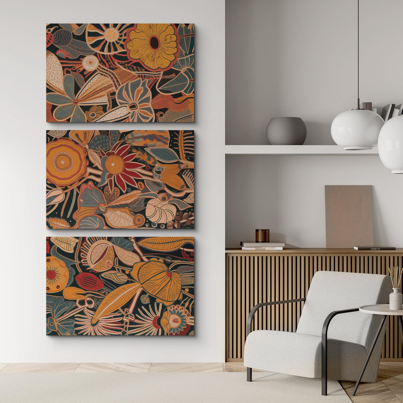 "Fleurs abstraites rustiques" 3 pièces, H 24 po x l 36 po, Toile tendue