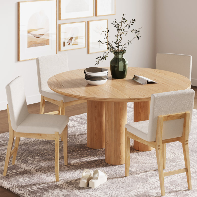 Upholstered Dining Chair with Full Back and Solid Wood Frame, Cream Boucle/Warm Pine , 1