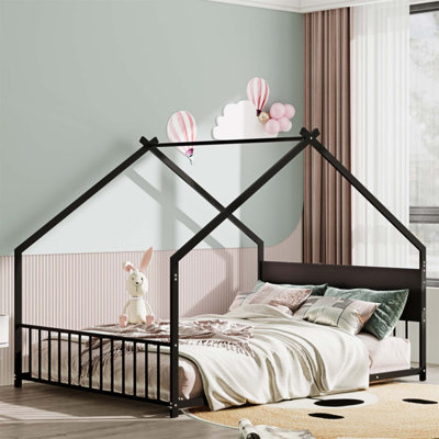 House Bed With Roof And Full Lights, Metal Frame With Slats, Ideal For Boys, Girls, And Young Teens, No Box Spring Needed