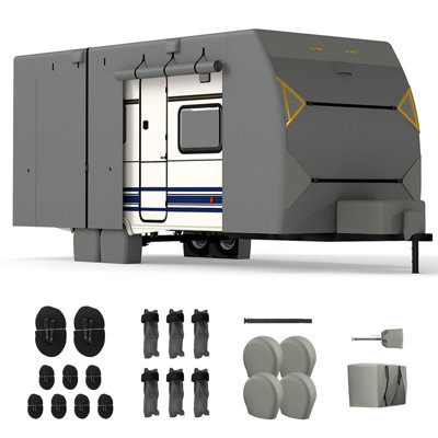 RV Covers for Travel Trailers, 22-24ft Heavy Duty Camper Cover, 7 Layers Extra-Thick Waterproof Toy Hauler Cover with 4 Tire Covers, Jack Cover and Wind Straps