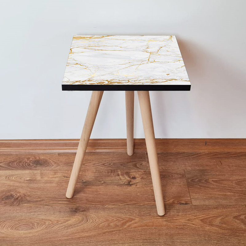 Modern Side Table with Beech Wood Legs, White & Gold Finish, 13.8 x 16.5 x 13.8 inches | 100% MDF with Marble Design, 0.71 inches Thick | Stylish & Functional Accent Table for Living Room or Bedroom