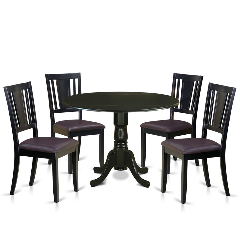 Ensemble de table de salle à manger 5 pièces moderne comprenant une table ronde en bois avec Dropleaf et 4 chaises de cuisine en similicuir, 42 po x 42 po, noir