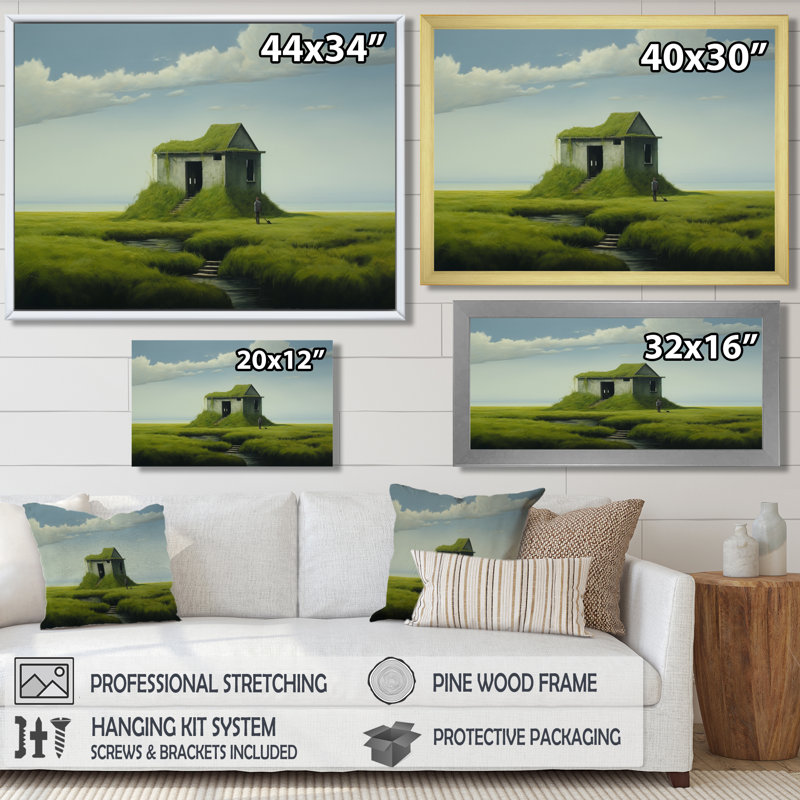 Désert maison de campagne verte nostalgie - impression d'art mural paysage, Toile avec cadre flottant brun