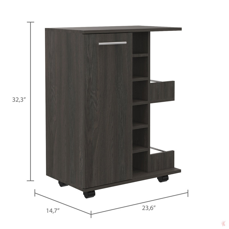 Chariot-bar Tennessee, une armoire avec une division, six casiers pour boissons alcoolisées, deux tablettes