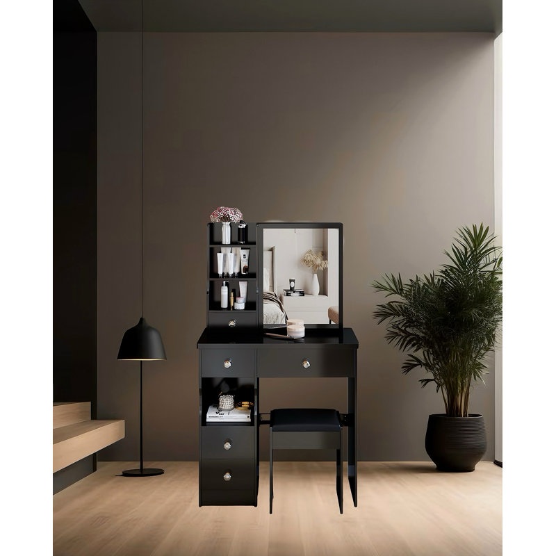 Petite coiffeuse 29,2 po avec tabouret de bureau à gauche et tabouret rembourré, très grand miroir coulissant à droite, rangement multicouche à grande capacité, commode pratique et pratique, convient aux petits espaces