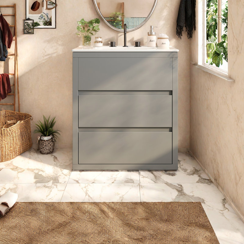 Meuble-lavabo sur pied 30 po avec lavabo en céramique et 2 tiroirs pleine extension, Gris