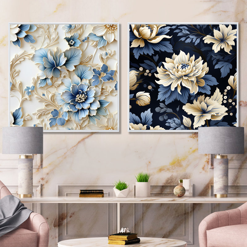 Felicien - Ensemble de salon mural floral 2 pièces, Cadre blanc, H 16 po x l 33 po x P 1 po