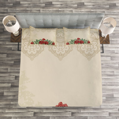 Beige/Green/Red Microfibre Bedspread Set