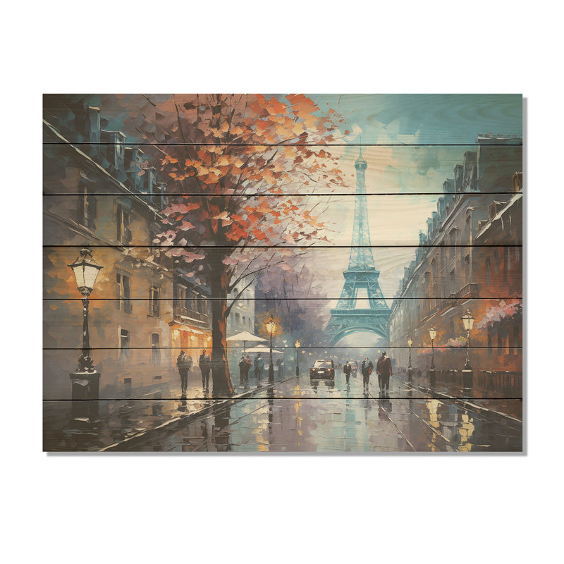 Couple romantique à Paris III - Ville de Paris sur bois, H 10 po x l 20 po