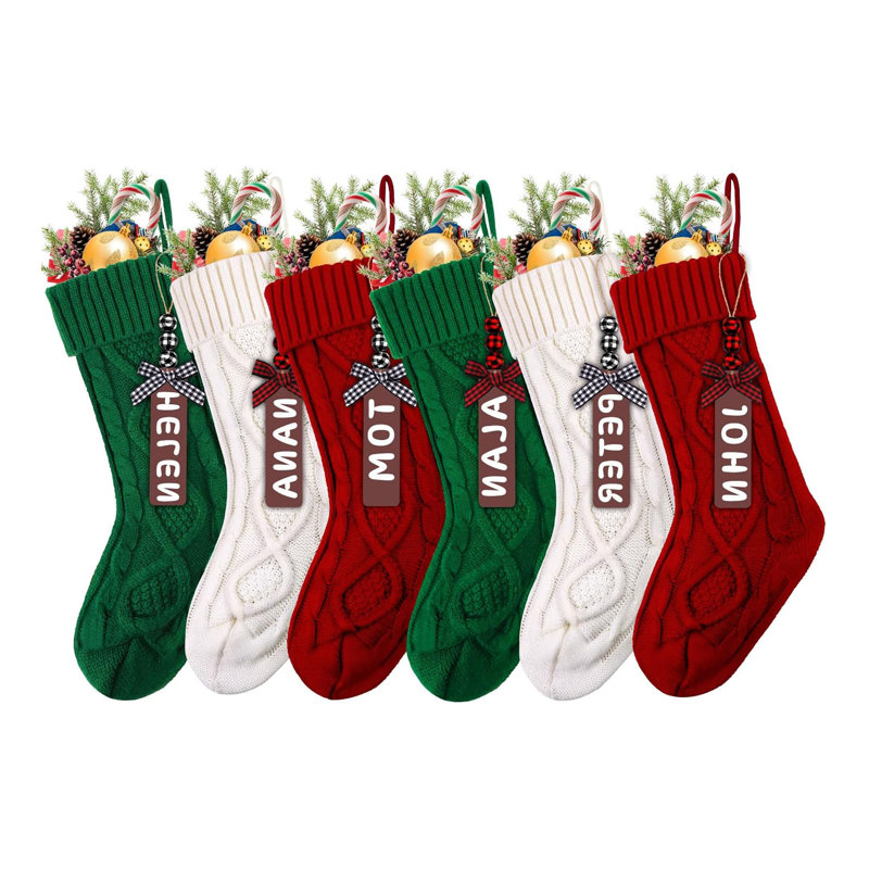 Set of 6 Red, White, and Green Cable Knit Christmas Stockings with Wooden Name Tags