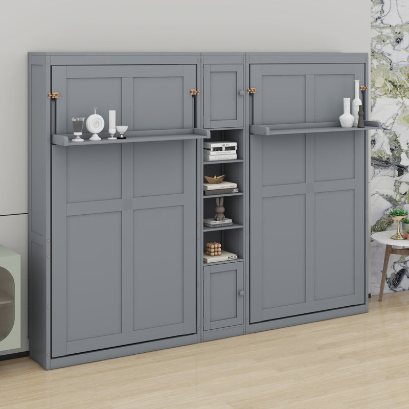 Lits escamotables à double paroi avec armoires et tablettes, Gris