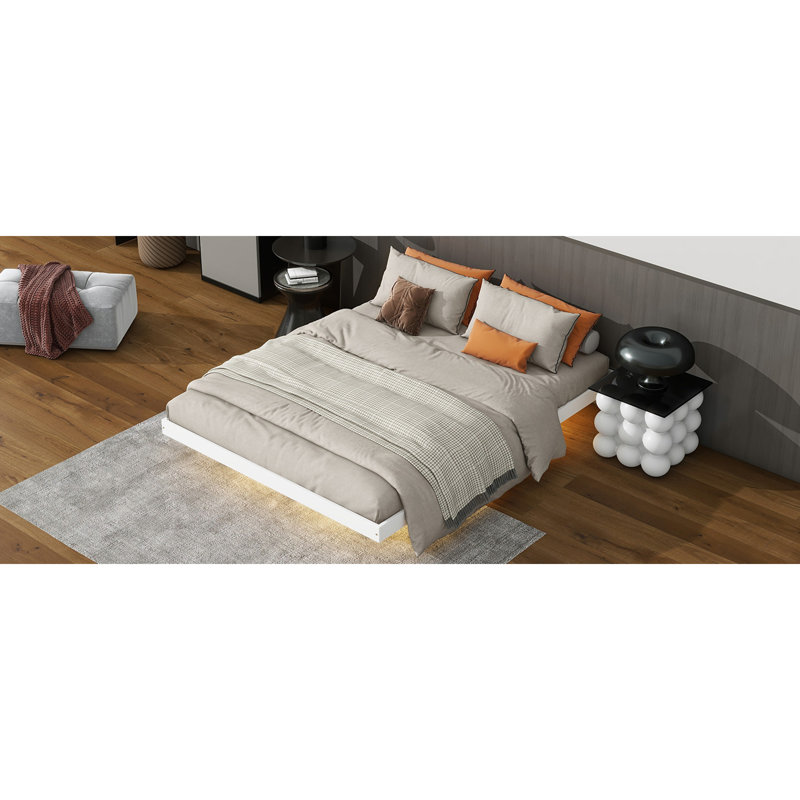Lit flottant avec lumières DEL en dessous, lit plateforme moderne à profil bas avec lumières DEL, Blanc, Grand lit