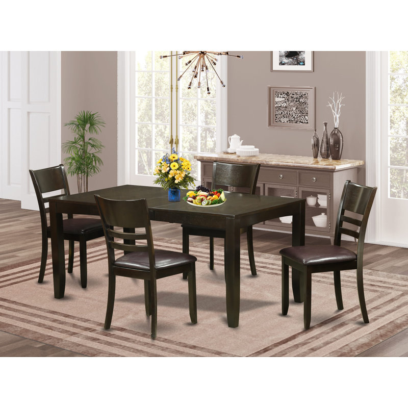 5 Piece Kitchen Table Set for 4 Includes a Rectangle Dining Room Table with Butterfly Leaf and 4 Faux Leather Upholstered Chairs, 36x66 Inch, Cappuccino