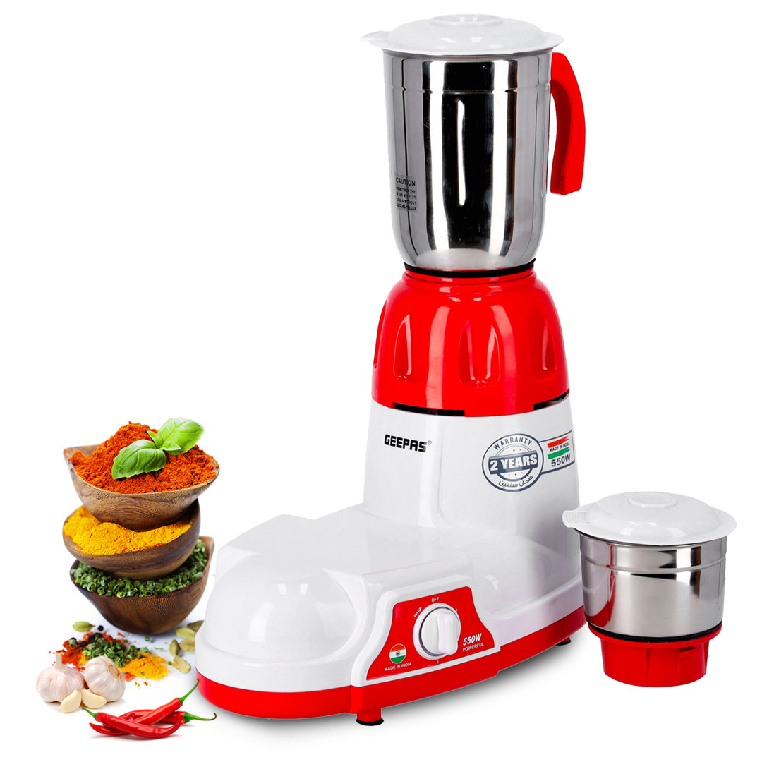GEEPAS 550W 2-in-1 Dry & Wet Indian Mixer Grinder Heavy Duty Electric Grinder with Stainless Steel Jars & Blades Perfect for Fine Grinding Mixing Chop