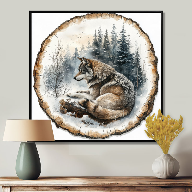 Gioconda loup en hiver, forêt, paysage de lac V - loup grand, art mural, Impression encadrée flottante, H 16 po x l 16 po