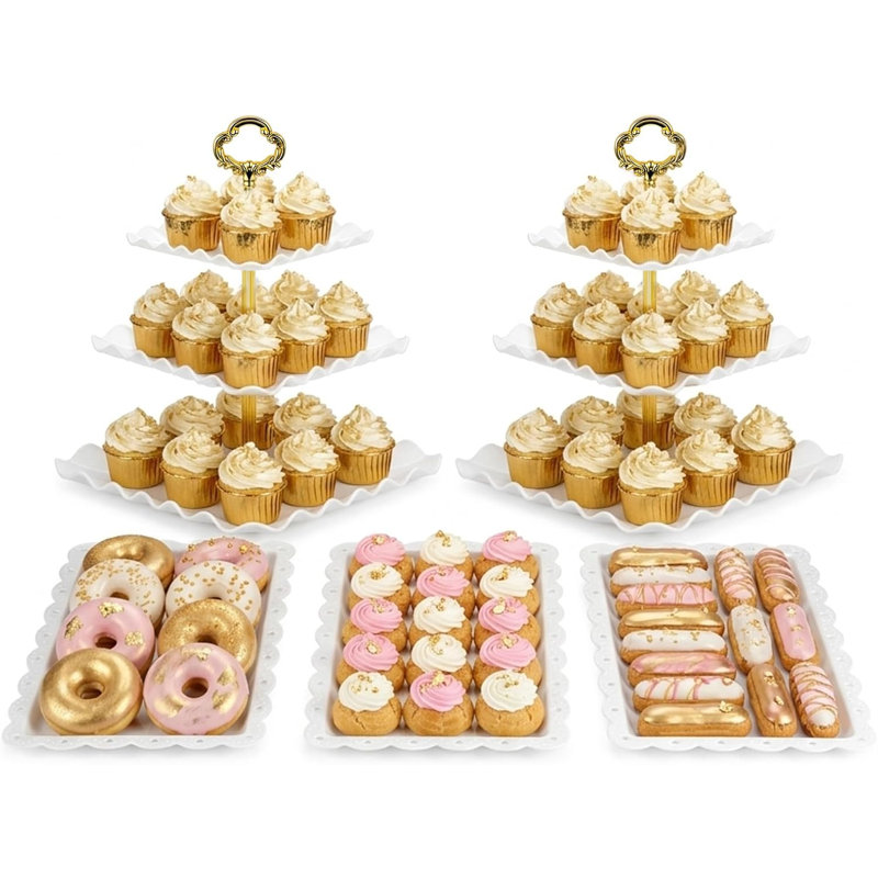 Présentoir à gâteaux 5 pièces avec 2 grands supports à petits gâteaux à 3 niveaux