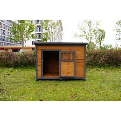45"Large Solid Wood Dog House, Waterproof PVC Plastic Roof, Breathable Wooden Doors
